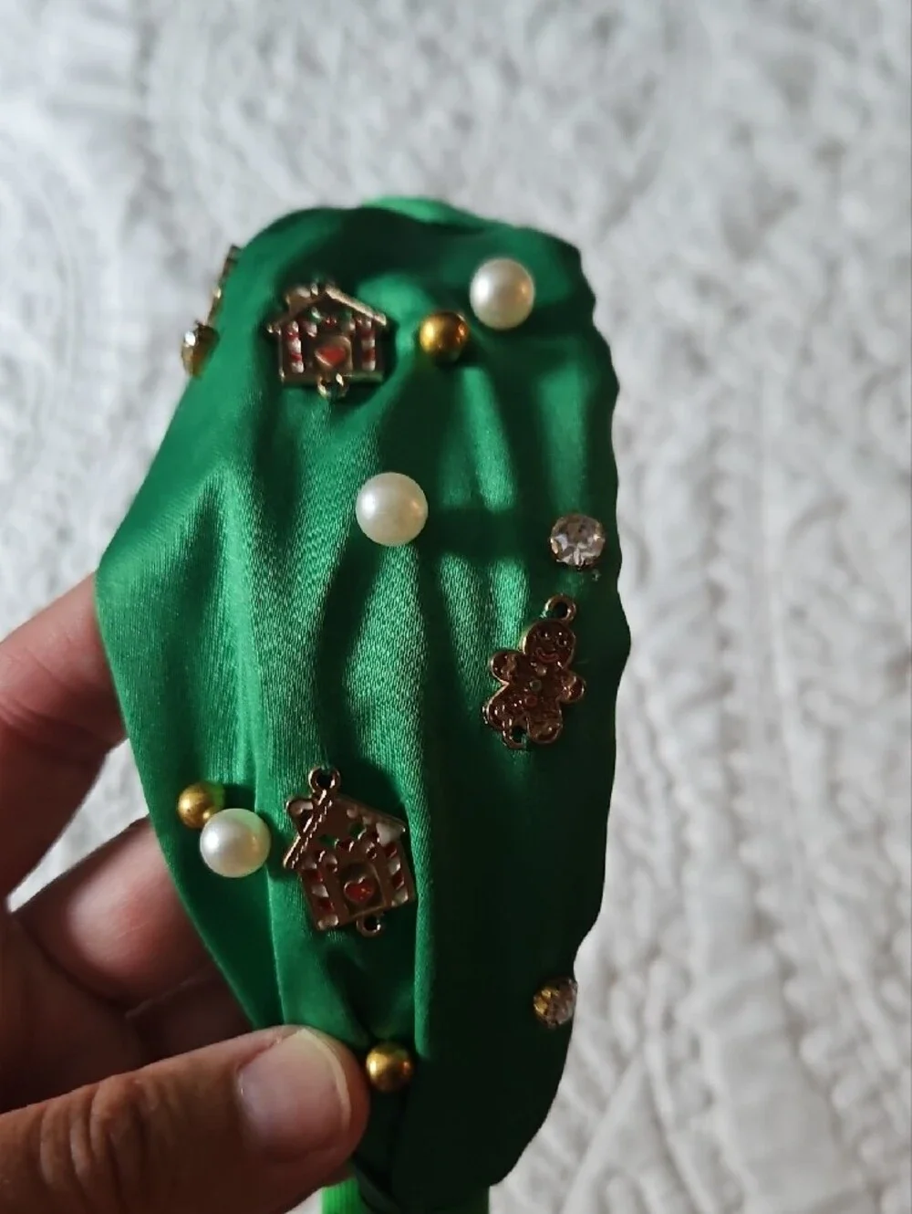 Target Green Knotted Headband with Pearls & Gingerbread Accents